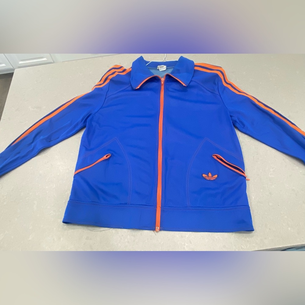Vintage, Rare Adidas Men's Blue ZipUp Jacket with Orange Accents